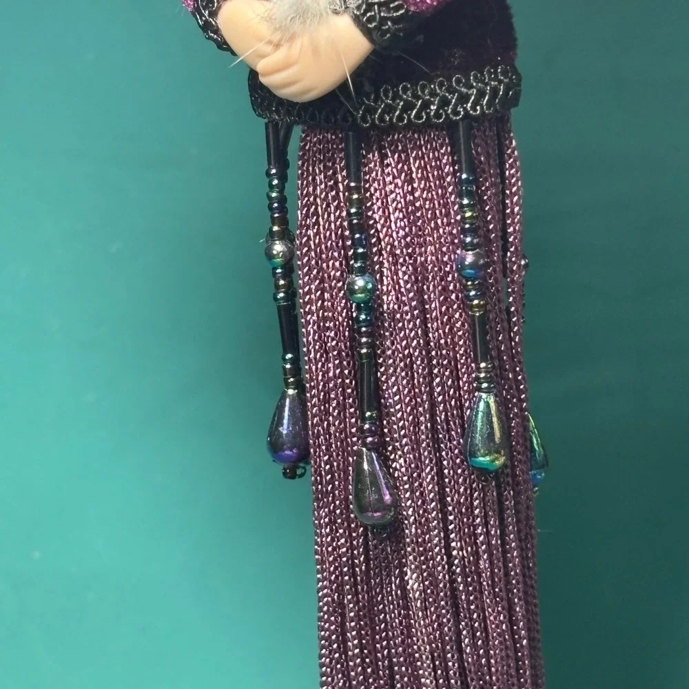 Drape Tassel Doll Ornament Purple Velvet Porcelain Victorian Faux Fur 11.5